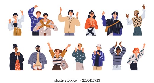 Happy smiling people set. Excited cheerful glad characters with positive emotions. Men, women with delighted joyful face expressions, reactions. Flat vector illustrations isolated on white background
