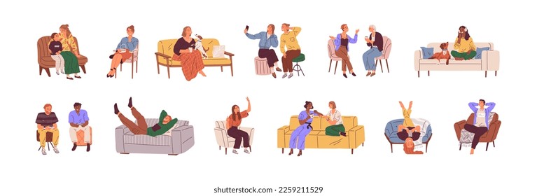 Happy smiling people sitting on sofas and chairs set. Happiness emotions. Funny laughing man and woman showing positive gestures. Happy male and female different lucky characters with pets at home