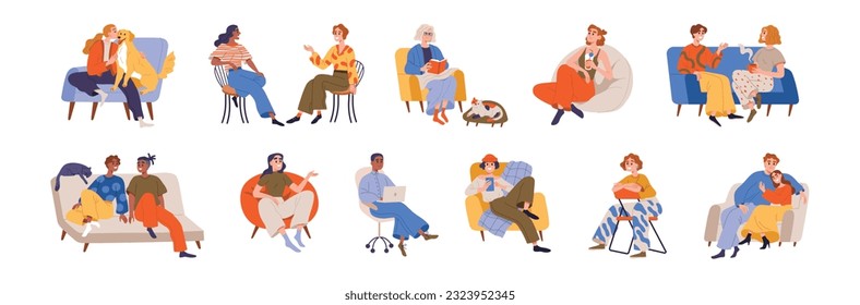 Happy smiling people sitting on sofas, chairs set. Sit on sofa and talk. Positive relaxed men and women talking, relaxing, resting, speaking, doing different activities sitting on couch and armchair