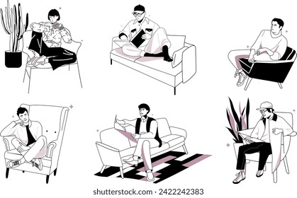 Happy smiling people sitting on sofas, chairs set. Young positive relaxed men and women talking, relaxing. Joyful cartoon boy, girl characters resting. Flat graphic vector illustration isolated.