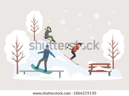 Happy smiling people spending time in winter urban park vector flat illustration. Men and women in warm clothes skiing and snowboarding. Happy Christmas and New Year holidays concept.