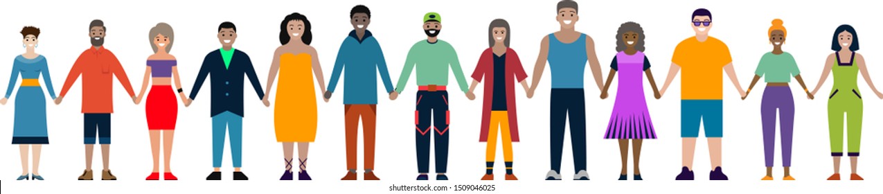 Happy Smiling People Standing Lined Up And Holding Hands. Women And Men Of Different Races Gathered Together. Vector Illustration