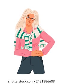 Happy smiling person. Beautiful blonde girl expresses positive emotions, joy and cheerfulness. Cheerful character with good mood. Cartoon flat vector illustration isolated on white background