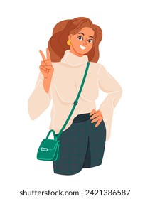 Happy smiling person. Charming young woman laughing and showing peace gesture. Joyful character expressing positive emotions and mood. Cartoon flat vector illustration isolated on white background