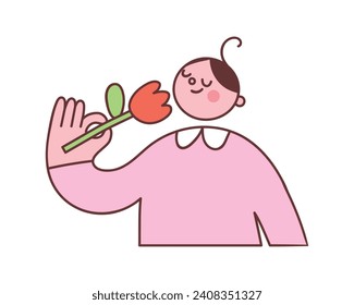 Happy smiling person with a flower. Vector illustration of a cute character in good mood. Trendy cartoon style. Isolated elements on white background.