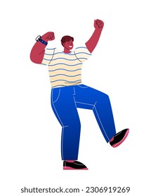 Happy smiling person. Laughing young man celebrating victory and rejoices in achievement of success. Fan yelling at concert or event. Cartoon flat vector illustration isolated on white background