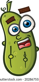 A happy smiling pickle cartoon character with a curly vine and thick eyebrows