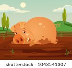 Happy smiling pig character fun in dirty. Vector cartoon illustration