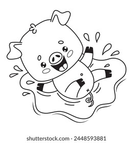 Happy smiling pig splashing in puddle of water. Cute outline animal cartoon character. Line drawing, coloring book. Vector illustration. Kids collection