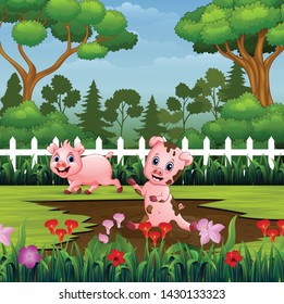 Happy smiling pigs are playing in the mud