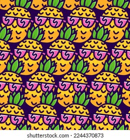 Happy Smiling Pineapple in Sunglasses Cartoon Line Art Style Seamless Vector Pattern Illustration.