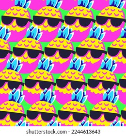 Happy Smiling Pineapple in Sunglasses Retro Abstract Pop Art Style Seamless Vector Pattern Illustration.