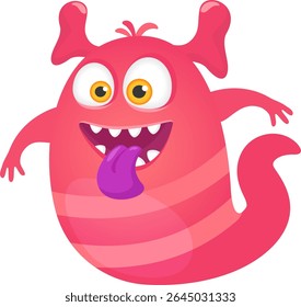 Feliz monstro de desenho animado rosa sorridente com olhos grandes, boca aberta, língua roxa e duas antenas, ideal para ilustrações de crianças ou projetos de fantasia