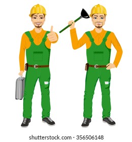 happy smiling plumber holding plunger in green uniform holding tool box and showing thumbs up