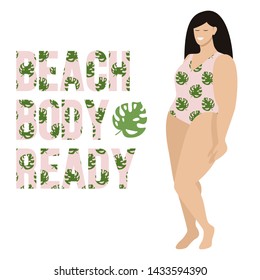 Happy smiling plus size woman in a trendy swimsuit with Monstera leaf pattern and text - beach body ready. Body positive concept. Summer time poster.