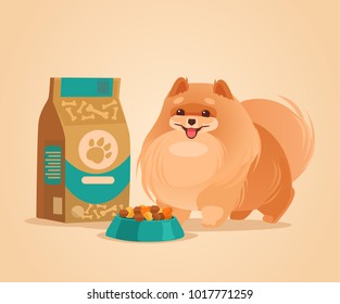 Happy smiling pomeranian spitz dog character waiting for food. Vector flat cartoon illustration