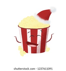 Happy smiling popcorn wearing Santa Claus hat. Snack, character, comedy. Can be used for topics like film, cinema, entertainment