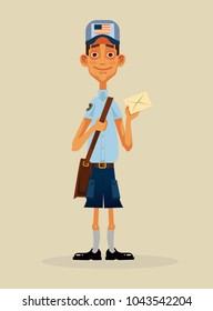 Happy smiling postman character holding envelope. Vector flat cartoon illustration