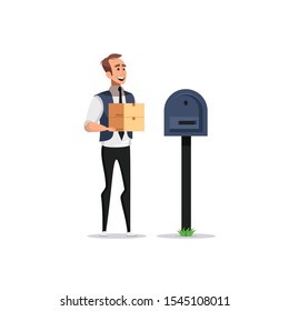 Happy smiling postman character put envelope letter in house mail box. Delivery service concept flat cartoon design graphic isolated illustration
