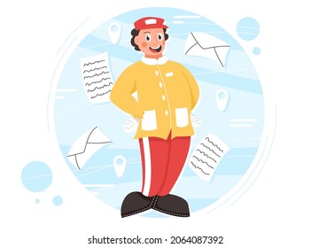 Happy smiling postman surrounded by flying envelopes and letters vector flat cartoon illustration. Man in post uniform character design. Mailman for profession and express delivery service design