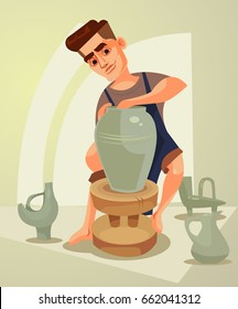 Happy smiling potter character makes clay pot. Vector flat cartoon illustration