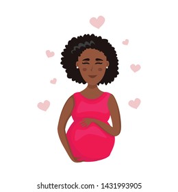 Happy smiling pregnancy african american woman with big abdomen. Black female hug her belly. Vector flat illustration in cartoon style