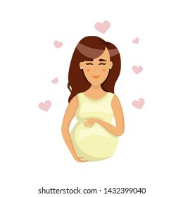 Happy smiling pregnancy woman with big abdomen. Female hug her belly. Vector flat illustration in cartoon style