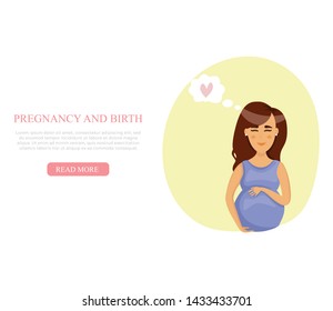 Happy smiling pregnancy woman with big abdomen. Female hug her belly. Vector flat illustration in cartoon style