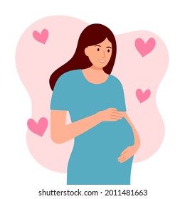 Happy smiling pregnant woman in flat design. Pregnancy female and motherhood vector illustration.