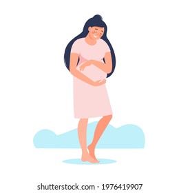 Happy smiling pregnant woman holds her belly in pink dress isolated on white. Pregnancy and motherhood concept. Vector flat illustration. Design cute young pregnant woman poster, card, banner