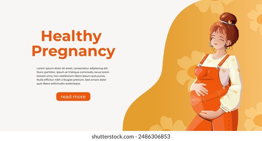 A happy, smiling pregnant woman holds her stomach in a bright orange maternity jumpsuit. A young woman expecting a baby. The banner "Healthy pregnancy".White background.Copy space. Vector illustration