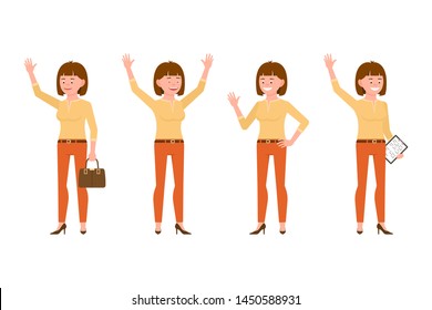 Happy, smiling, pretty brown hair young office woman in orange pants vector illustration. Waving, saying hello, hands up, standing with notes girl cartoon character set