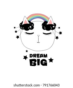 happy smiling pretty sleeping cat face, beautiful cool childish girlish isolated artwork with text "dream big", for summer clothes, wall art, cards, fabric, embroidery etc.