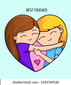 happy smiling pretty teenage girls having fun. Best Friends Forever in heart. Two best friends girls holding hands. Vector illustration about friendship isolated on white