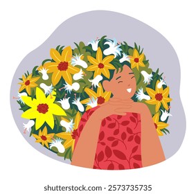 Happy smiling pretty woman cartoon character with hairstyle in natural floral style vector illustration. Cute portrait of female showcasing Self care, love and acceptance. Romance and harmony