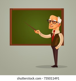 Happy smiling professor teacher old man character pointing on blackboard. Vector flat cartoon illustration