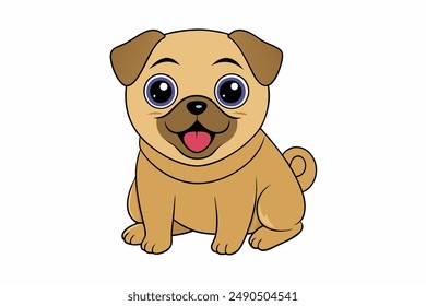Happy Smiling Pug Sitting and Looking Forward on White Background