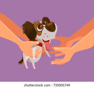 Happy smiling puppy dog character giving to person as gift. Vector flat cartoon illustration
