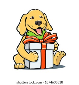 happy smiling puppy with gift box and red bow. friendly labrador golden retriever baby cartoon illustration