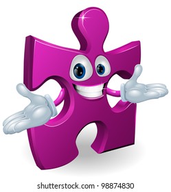 A happy smiling purple jigsaw piece character illustration