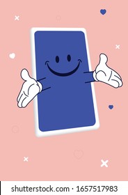 Happy smiling purple mobile phone hugging open arms - Pink background, isolated - Vector Illustration