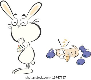 Conejo sonriente feliz y personaje de jabalí lindo aislado en el fondo blanco: ilustración vectorial