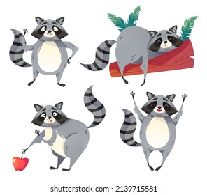 Happy smiling raccoon cartoon character design element illustration set