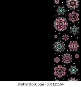 Happy smiling red and beige snowflakes seamless pattern. Snowflakes decorated with circles and dots. Christmas and New Year theme. Vector winter design on black background.