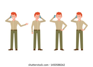 Happy, smiling, red hair young man in green pants vector illustration. Calling, talking on phone, standing boy cartoon character set