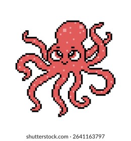 Happy smiling red octopus isolated on white background, cute cartoon pixel art character