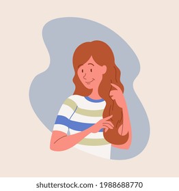 Happy smiling redhead female character is doing her hair. Young woman is straightens her beautiful hair. Concept of girls poses in everydays life. Flat cartoon vector illustration