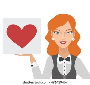 happy smiling redhead secretary, casino worker or flight attendant with heart sign template