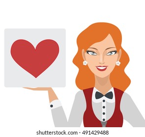 happy smiling redhead secretary, casino worker or flight attendant with heart sign template