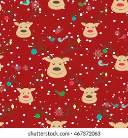 Happy smiling reindeer seamless pattern. Antlers decorated with baubles and birds. Christmas and New Year theme. Crimson red background.